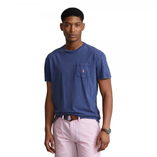 POLO RALPH LAUREN Classic Fit Cotton-Linen Pocket T-Shirt - Navy -...